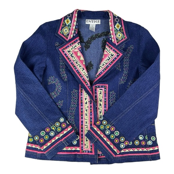 Vintage Y2K Entice Embroidered Dark Blue Denim Jean Jacket Blazer Hippie Medium - Picture 1 of 16